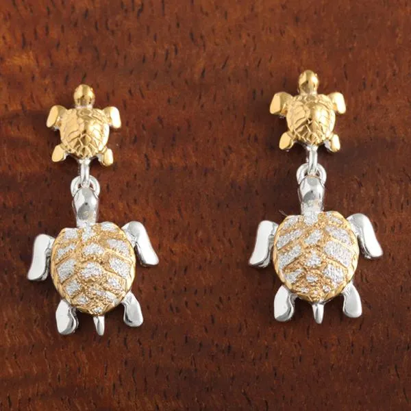Sterling Silver Two Tone Yellow Gold Plated Double Honu (Hawaiian Turtle) Post Earrings