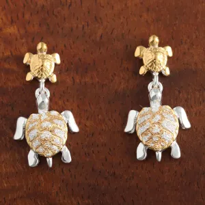 Sterling Silver Two Tone Yellow Gold Plated Double Honu (Hawaiian Turtle) Post Earrings