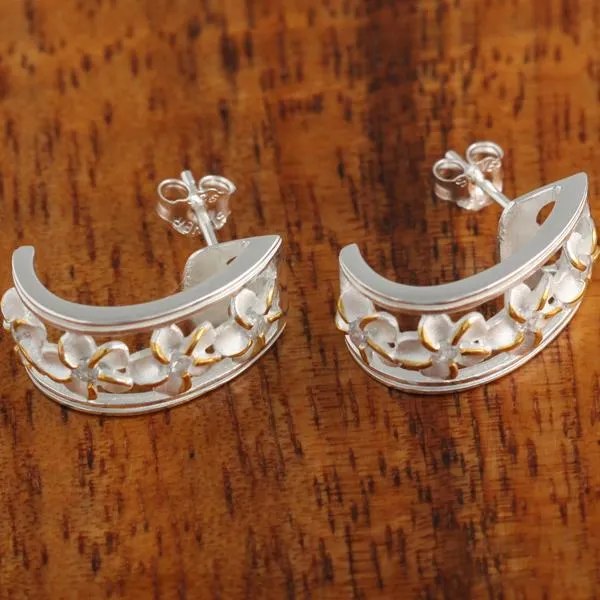 Sterling Silver Two Tone Yellow Gold Plated  Four Plumeria with CZ Half Moon Post Earrings