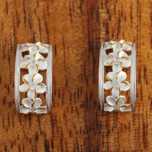 Sterling Silver Two Tone Yellow Gold Plated  Four Plumeria with CZ Half Moon Post Earrings