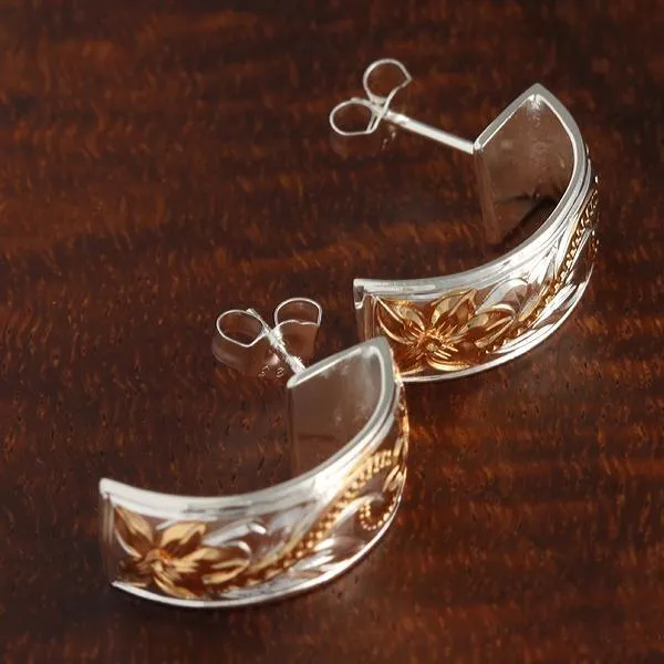 Sterling Silver Two Tone Yellow Gold Plated Hawaiian Scroll Half Moon Earrings (S/L)