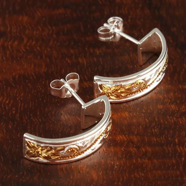 Sterling Silver Two Tone Yellow Gold Plated Hawaiian Scroll Half Moon Earrings (S/L)