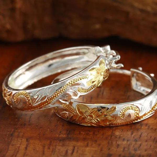 Sterling Silver Two Tone Yellow Gold Plated Hawaiian Scroll Round Hinged Back Earrings (S/L)