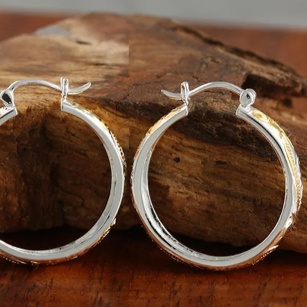 Sterling Silver Two Tone Yellow Gold Plated Hawaiian Scroll Round Hinged Back Earrings (S/L)