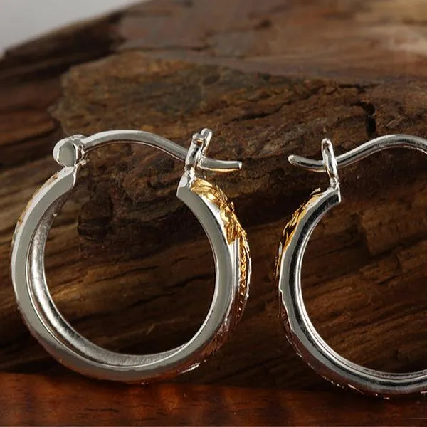 Sterling Silver Two Tone Yellow Gold Plated Hawaiian Scroll Round Hinged Back Earrings (S/L)