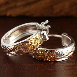 Sterling Silver Two Tone Yellow Gold Plated Hawaiian Scroll Round Hinged Back Earrings (S/L)