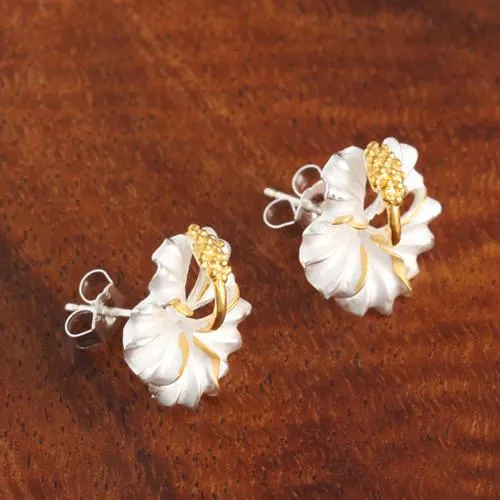 Sterling Silver Two Tone Yellow Gold Plated Hibiscus Sandblast Post Earrings (6-15mm)