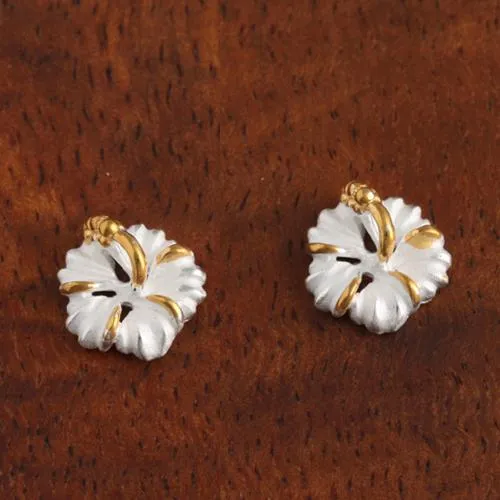 Sterling Silver Two Tone Yellow Gold Plated Hibiscus Sandblast Post Earrings (6-15mm)