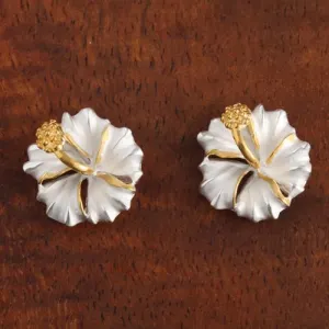 Sterling Silver Two Tone Yellow Gold Plated Hibiscus Sandblast Post Earrings (6-15mm)