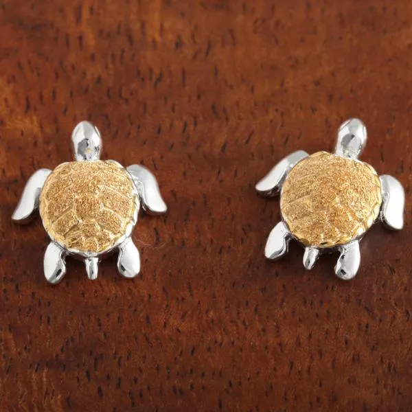Sterling Silver Two Tone Yellow Gold Plated Honu (Hawaiian Turtle) Post Earrings