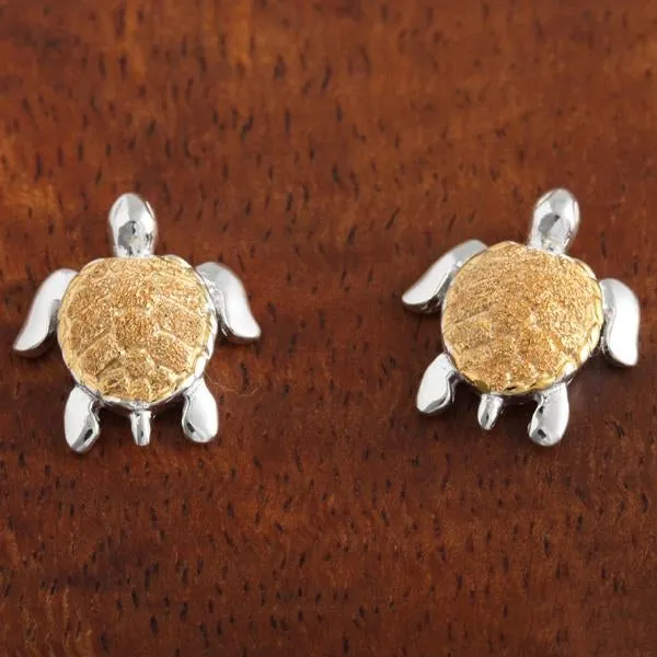 Sterling Silver Two Tone Yellow Gold Plated Honu (Hawaiian Turtle) Post Earrings