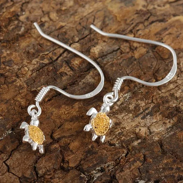 Sterling Silver Two Tone Yellow Gold Plated Honu (Hawaiian Turtle) Raised Sandblast Hook Earrings (S/M)