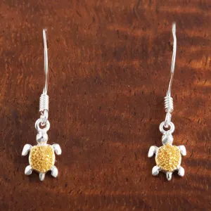 Sterling Silver Two Tone Yellow Gold Plated Honu (Hawaiian Turtle) Raised Sandblast Hook Earrings (S/M)