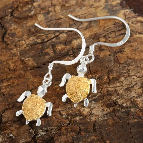 Sterling Silver Two Tone Yellow Gold Plated Honu (Hawaiian Turtle) Raised Sandblast Hook Earrings (S/M)