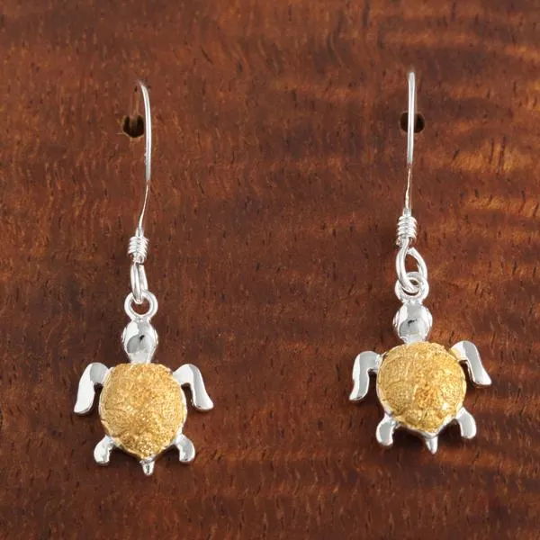 Sterling Silver Two Tone Yellow Gold Plated Honu (Hawaiian Turtle) Raised Sandblast Hook Earrings (S/M)