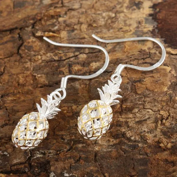 Sterling Silver Two Tone Yellow Gold Plated Pineapple Hook Earrings