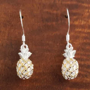 Sterling Silver Two Tone Yellow Gold Plated Pineapple Hook Earrings