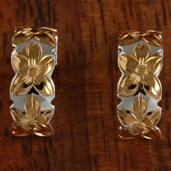 Sterling Silver Two Tone Yellow Gold Plated Plumeria Half Moon Earrings 8mm