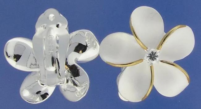 Sterling Silver Two Tone Yellow Gold Plated Plumeria with CZ Sandblast Clip Earrings (18-25mm)