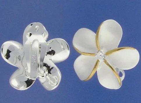 Sterling Silver Two Tone Yellow Gold Plated Plumeria with CZ Sandblast Clip Earrings (18-25mm)