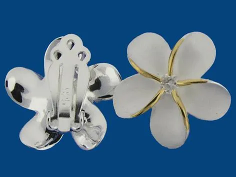 Sterling Silver Two Tone Yellow Gold Plated Plumeria with CZ Sandblast Clip Earrings (18-25mm)