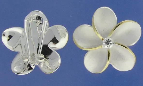 Sterling Silver Two Tone Yellow Gold Plated Plumeria with CZ Sandblast French Clip Earrings (18-25mm)