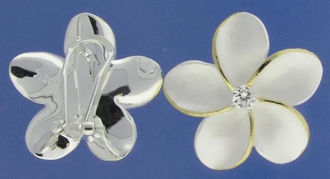Sterling Silver Two Tone Yellow Gold Plated Plumeria with CZ Sandblast French Clip Earrings (18-25mm)