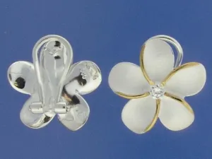 Sterling Silver Two Tone Yellow Gold Plated Plumeria with CZ Sandblast French Clip Earrings (18-25mm)