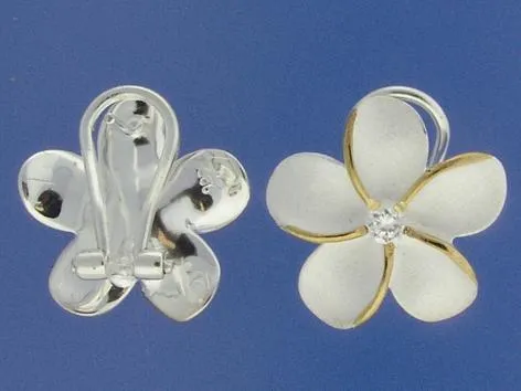 Sterling Silver Two Tone Yellow Gold Plated Plumeria with CZ Sandblast French Clip Earrings (18-25mm)