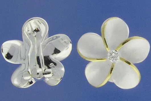 Sterling Silver Two Tone Yellow Gold Plated Plumeria with CZ Sandblast French Clip Earrings (18-25mm)