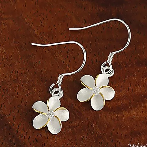 Sterling Silver Two Tone Yellow Gold Plated Plumeria with CZ Sandblast Hook Earrings (8-18mm)