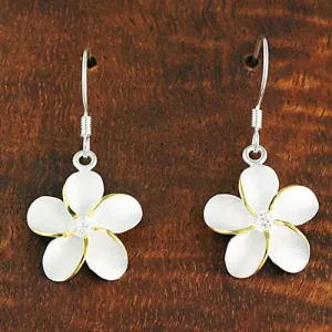 Sterling Silver Two Tone Yellow Gold Plated Plumeria with CZ Sandblast Hook Earrings (8-18mm)