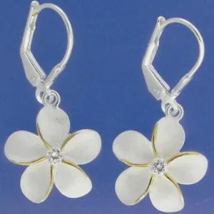 Sterling Silver Two Tone Yellow Gold Plated Plumeria with CZ Sandblast Lever Back Earrings (8-15mm)
