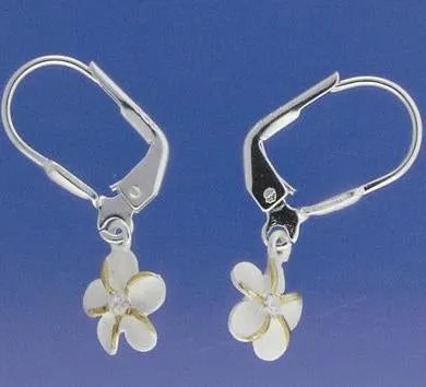 Sterling Silver Two Tone Yellow Gold Plated Plumeria with CZ Sandblast Lever Back Earrings (8-15mm)