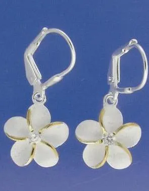 Sterling Silver Two Tone Yellow Gold Plated Plumeria with CZ Sandblast Lever Back Earrings (8-15mm)