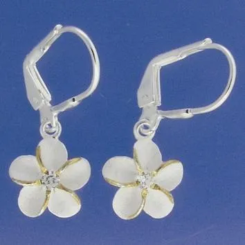 Sterling Silver Two Tone Yellow Gold Plated Plumeria with CZ Sandblast Lever Back Earrings (8-15mm)