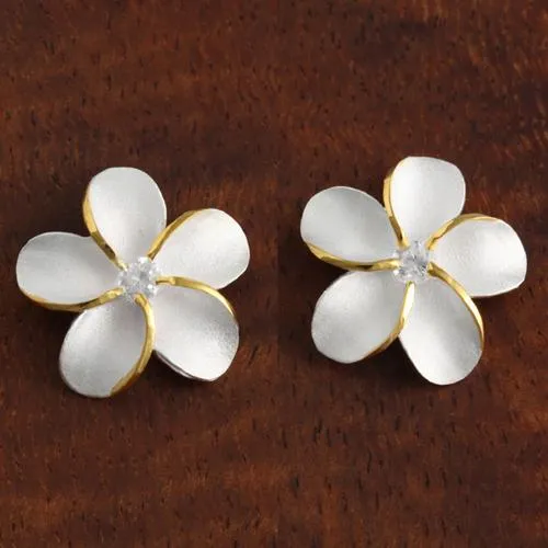 Sterling Silver Two Tone Yellow Gold Plated Plumeria with CZ Sandblast Post Earrings (6-18mm)
