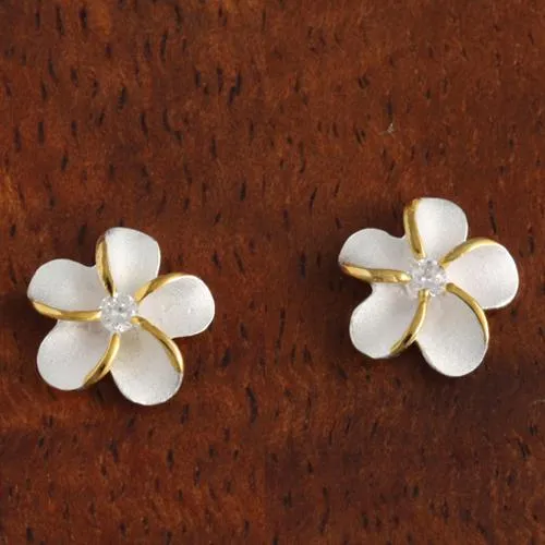 Sterling Silver Two Tone Yellow Gold Plated Plumeria with CZ Sandblast Post Earrings (6-18mm)