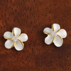 Sterling Silver Two Tone Yellow Gold Plated Plumeria with CZ Sandblast Post Earrings (6-18mm)