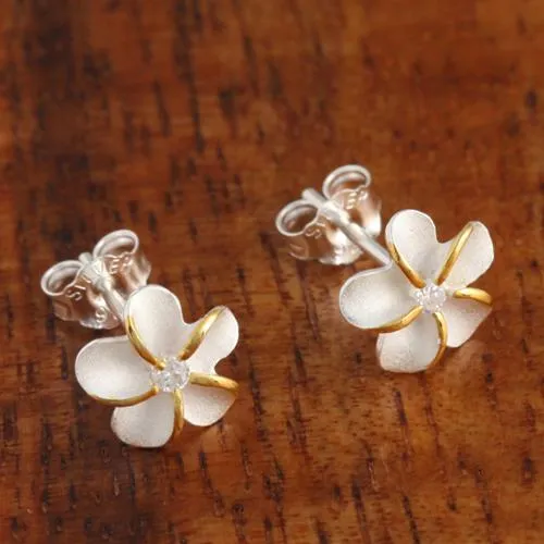Sterling Silver Two Tone Yellow Gold Plated Plumeria with CZ Sandblast Post Earrings (6-18mm)