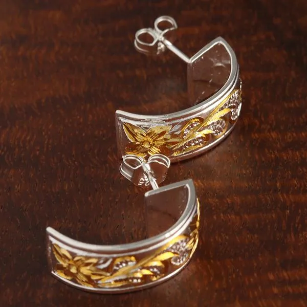 Sterling Silver Two Tone Yellow Gold Plated Queen Scroll Half Moon Earrings 8mm