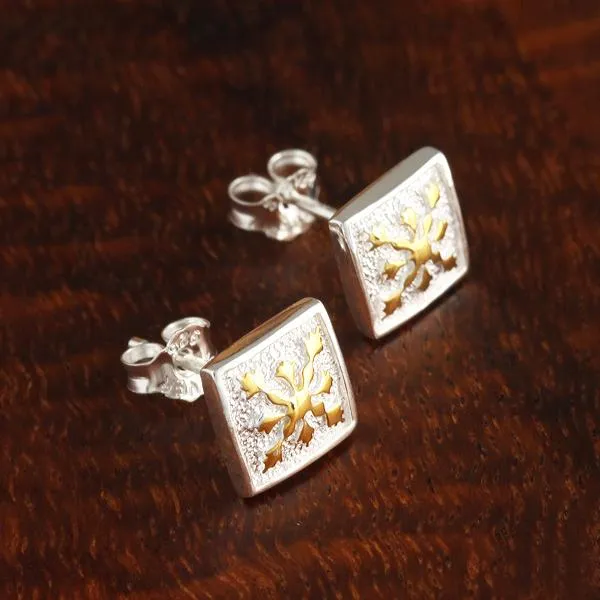 Sterling Silver Two Tone Yellow Gold Plated Quilt Post Earrings 10mm