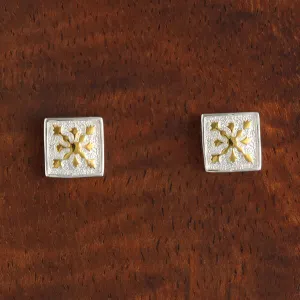 Sterling Silver Two Tone Yellow Gold Plated Quilt Post Earrings 10mm
