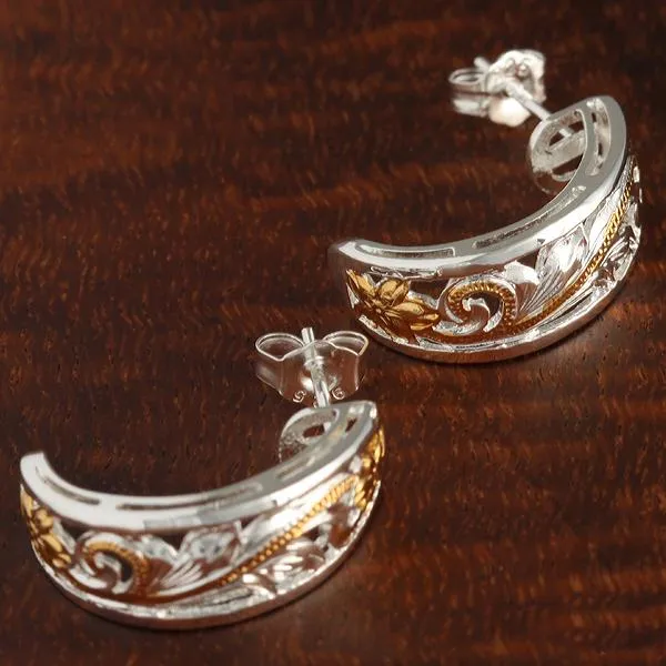 Sterling Silver Two Tone Yellow Gold Plated See Through Hawaiian Scroll Half Moon Earrings (S/L)