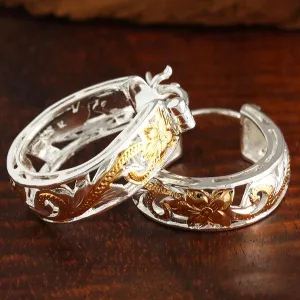 Sterling Silver Two Tone Yellow Gold Plated See Through Hawaiian Scroll Round Hinged Back Earrings