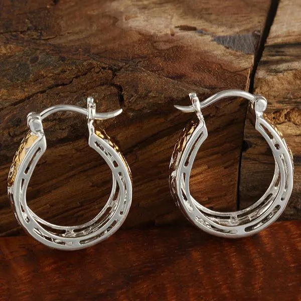 Sterling Silver Two Tone Yellow Gold Plated See Through Hawaiian Scroll Round Hinged Back Earrings