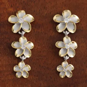 Sterling Silver Two Tone Yellow Gold Rhodium Plated 12-10-8mm Plumeria with CZ Post Earrings