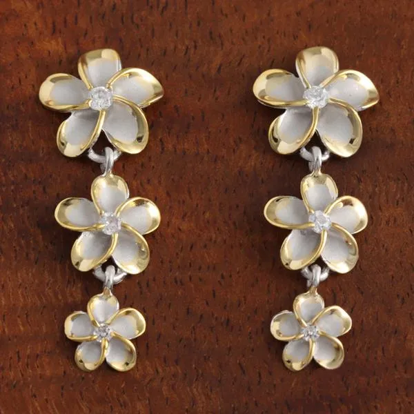 Sterling Silver Two Tone Yellow Gold Rhodium Plated 12-10-8mm Plumeria with CZ Post Earrings