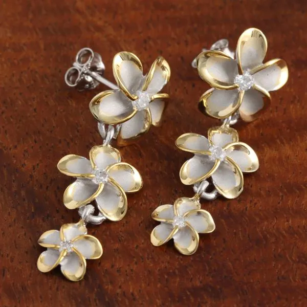Sterling Silver Two Tone Yellow Gold Rhodium Plated 12-10-8mm Plumeria with CZ Post Earrings