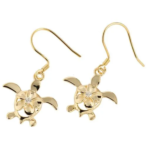 Sterling Silver Yellow Gold Plated 8mm Plumeria with CZ in Honu (Hawaiian Turtle) Hook Earrings